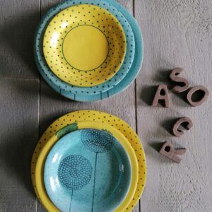 SET DA 2 PORTATE ACQUAMARINA/GIALLO piano ø27cm - fondo ø22cm - frutta ø19cm