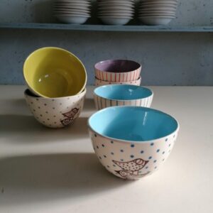 LIGHT BLUE GREEN AND LILAC CEREAL CUPS h7cm set of 6