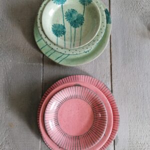 SET OF 2 PLACE SETTINGS GREEN/PINK dinner ø27cm - soup ø22cm - side ø19cm
